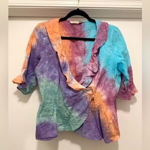 Chalet Wrap Blouse 100% Linen Top Flare Sleeve Tie Dye Colorful Medium Hippie